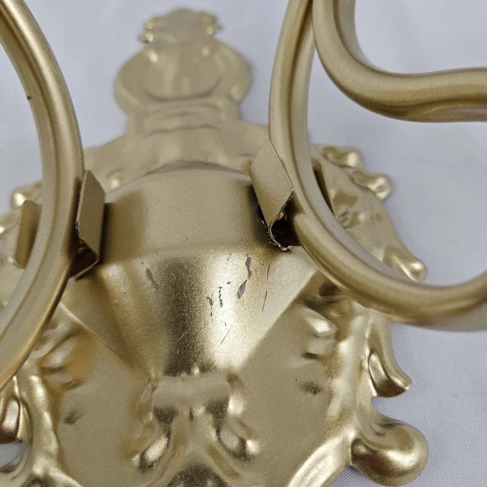 Hollywood Regency Candle Wall Sconces Double Arm Ornate Gold Cast Metal Louis XV